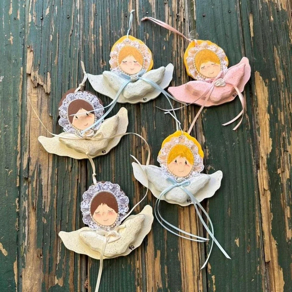 Vintage 1990‎ Handmade Dough Angel Ornaments Set of 5 Lace Pearl Cottagecore 90s